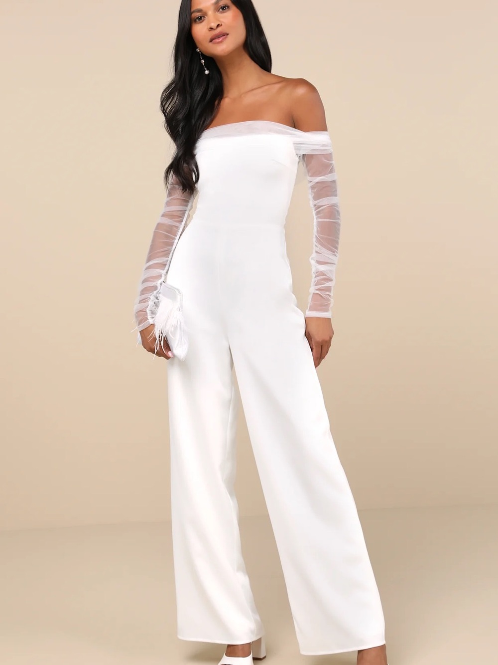 Lulus NWT Eternal Bliss White Tulle Off-the-Shoulder Wide-Leg Jumpsuit Size XL